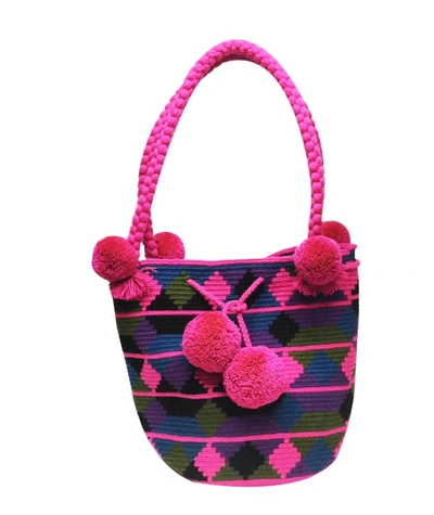 Shop Le Pom Pom Bucket Bag In Pink & Purple In Multi