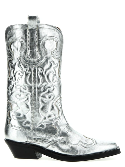 Shop Ganni Silver Mid Shaft Embroidered Western Boots, Ankle Boots Silver