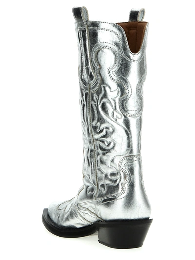 Shop Ganni Silver Mid Shaft Embroidered Western Boots, Ankle Boots Silver