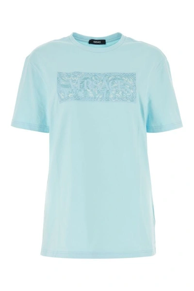 Shop Versace Woman Light Blue Cotton T-shirt