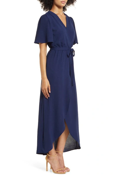 Shop Fraiche By J Flutter Sleeve Faux Wrap Maxi Dress In Navy