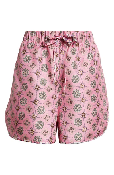 Shop Saloni Floral Print Silk Twill Shorts In Thistle