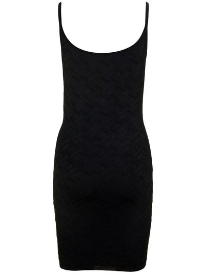 Shop Versace Black Knitted Dress With La Greca Motif All-over In Viscose Woman