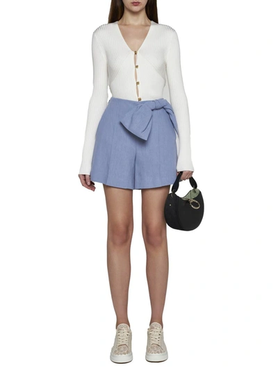 Chloé Bow Detail Linen Shorts In Pebble Blue