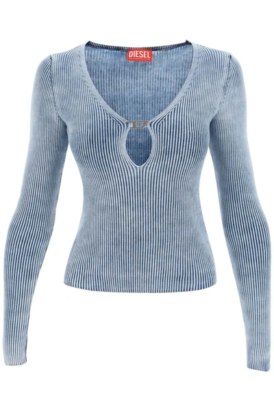 Shop Diesel M-teri Ribbed Sweater With Logo Plaque In Blue