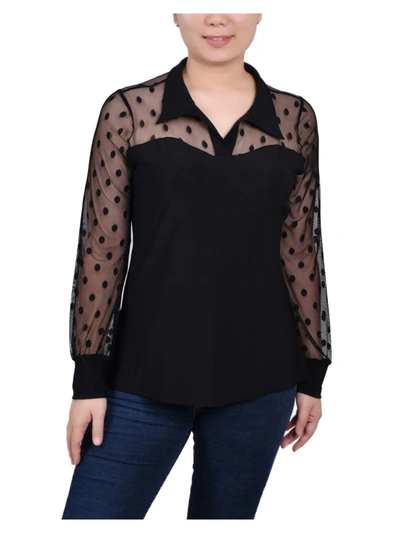 Shop Ny Collection Petites Womens Mesh Sleeves Collared Blouse In Black