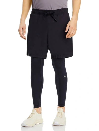 Shop Alo Yoga Mens Shorts Over Leggings Zip Pockets Athletic Leggings In Black