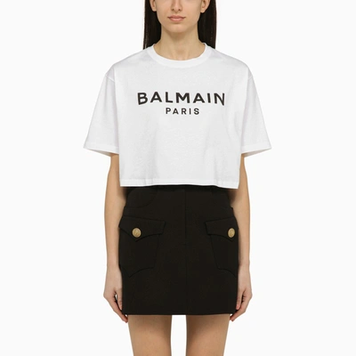 Shop Balmain | White Cotton Cropped T-shirt With Logo