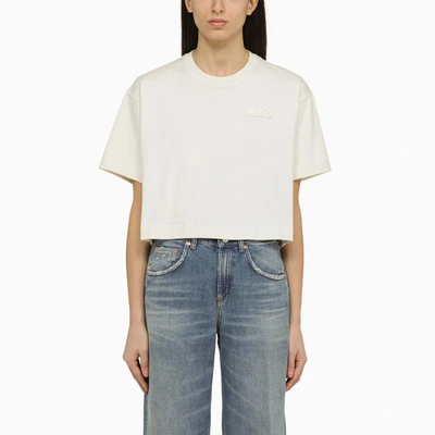 Shop Autry | Cream-coloured Cotton Cropped T-shirt In Beige