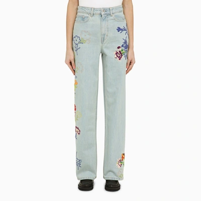 Shop Kenzo Light Blue Jeans With Denim Flower Embroidery In Grey