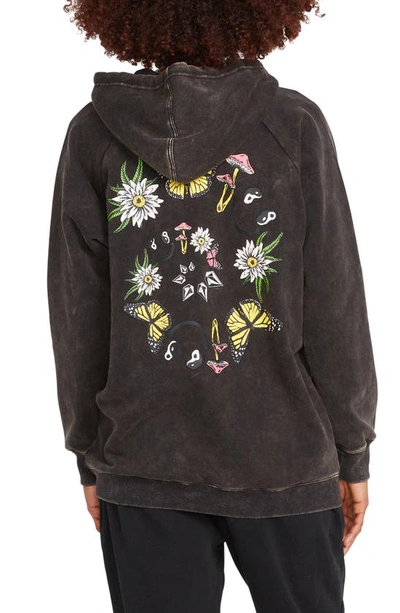 Shop Volcom Truly Stoked Floral Cotton Blend Graphic Hoodie In Black