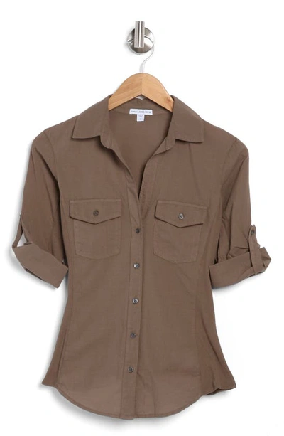 Shop James Perse Three-quarter Sleeve Button-up Shirt In Ammo