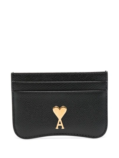 Shop Ami Alexandre Mattiussi Ami Paris Logo-plaque Leather Card Holder In Noir/laiton Vibre