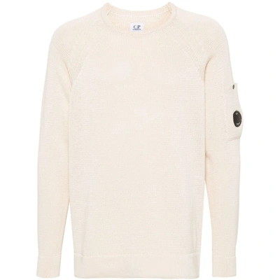 C.p. Company Men White Crewneck Sweater With Logo Plaque On The Sleeve In Wool Blend Man In Neutrals