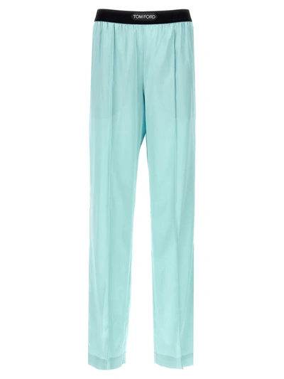Tom Ford Jacquard-trimmed Stretch-silk Satin Wide-leg Pants In Blue