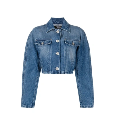 Versace Stone-washed Crop Denim Jacket In Medium Blue