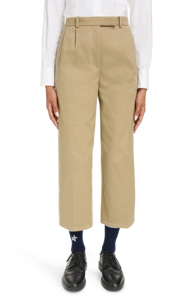 Shop Thom Browne Relaxed Fit Pleated Crop Straight Leg Cotton Trousers In Camel