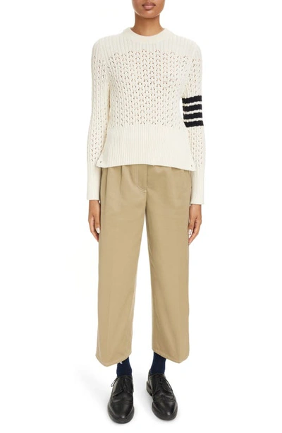 Shop Thom Browne Relaxed Fit Pleated Crop Straight Leg Cotton Trousers In Camel