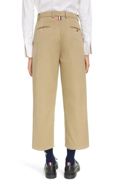 Shop Thom Browne Relaxed Fit Pleated Crop Straight Leg Cotton Trousers In Camel