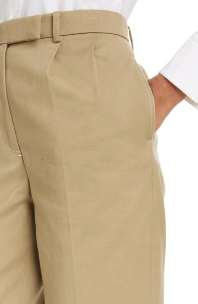 Shop Thom Browne Relaxed Fit Pleated Crop Straight Leg Cotton Trousers In Camel