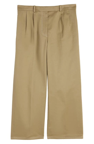 Shop Thom Browne Relaxed Fit Pleated Crop Straight Leg Cotton Trousers In Camel