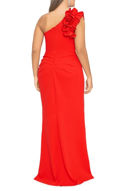 Xscape Ruffle Detail One-shoulder Sheath Gown In Red