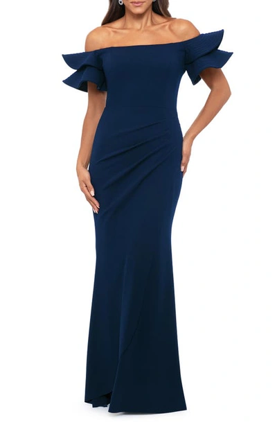 Shop Xscape Evenings Ruffle Sleeve Off The Shoulder Scuba Crepe Sheath Gown In Navy