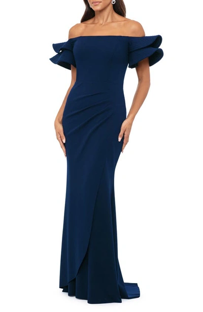 Shop Xscape Evenings Ruffle Sleeve Off The Shoulder Scuba Crepe Sheath Gown In Navy