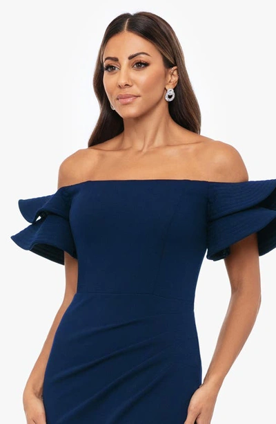 Shop Xscape Evenings Ruffle Sleeve Off The Shoulder Scuba Crepe Sheath Gown In Navy