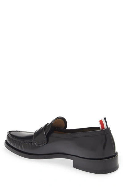 Thom Browne Soft Patent Leather Varsity Penny Loafer In Black