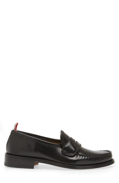 Thom Browne Soft Patent Leather Varsity Penny Loafer In Black