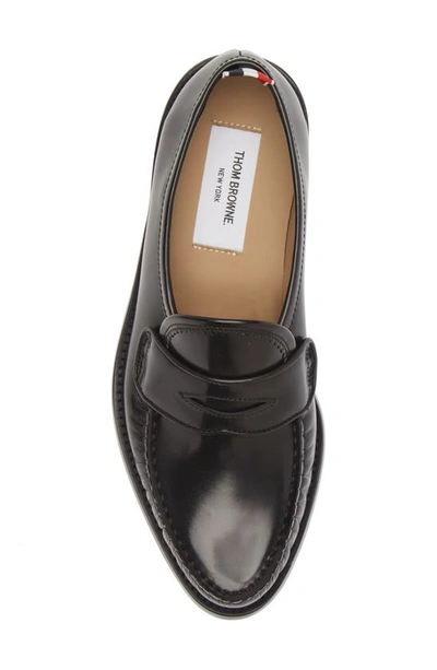 Thom Browne Soft Patent Leather Varsity Penny Loafer In Black