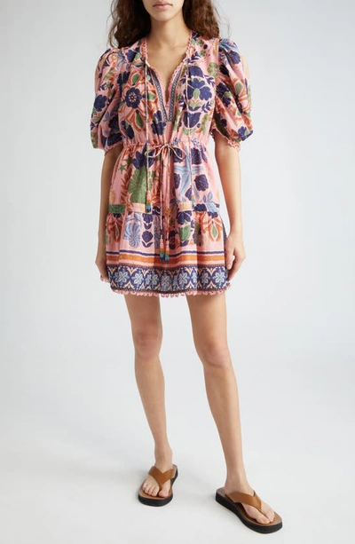 Shop Farm Rio Seashell Tapestry Floral Clip Dot Puff Sleeve Minidress In Seashell Tapestry Pink