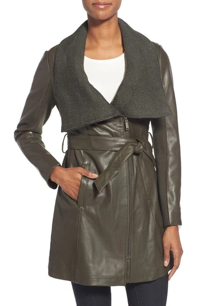 Shop Elie Tahari 'alexandra' Knit Collar Belted Leather Coat In Loden