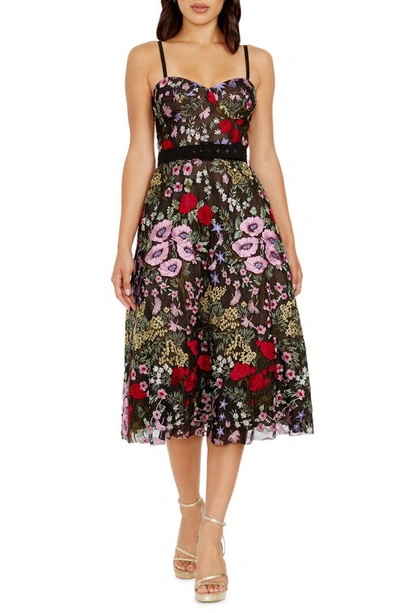 Shop Dress The Population Carlita Floral Embroidery Bustier Midi Dress In Black Rouge Multi