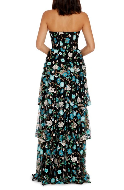 Dress The Population Layana Floral Embroidery Strapless Gown In Turquoise Multi