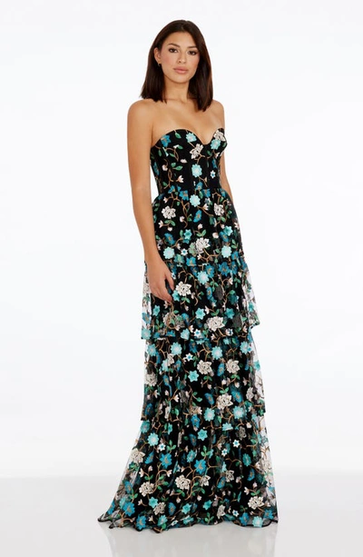 Dress The Population Layana Floral Embroidery Strapless Gown In Turquoise Multi