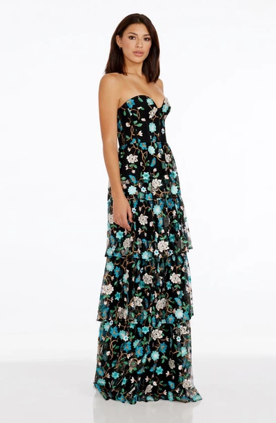 Shop Dress The Population Layana Floral Embroidery Strapless Gown In Turquoise Multi