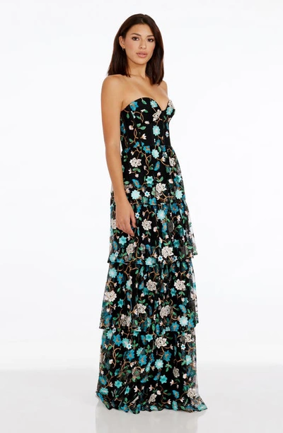 Dress The Population Layana Floral Embroidery Strapless Gown In Turquoise Multi