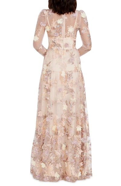 Dress The Population Angelina Floral Embroidery Long Sleeve Gown In Cream Multi