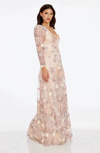 Shop Dress The Population Angelina Floral Embroidery Long Sleeve Gown In Cream Multi