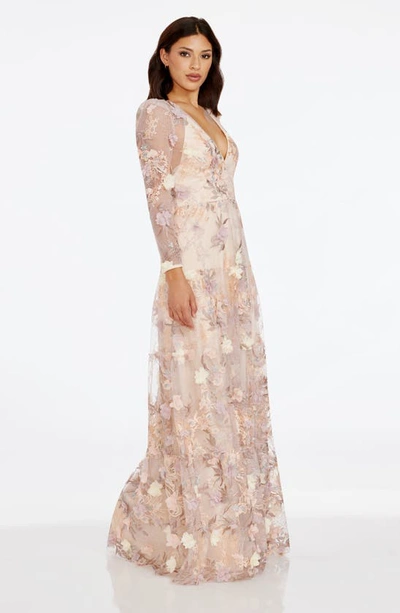 Dress The Population Angelina Floral Embroidery Long Sleeve Gown In Cream Multi