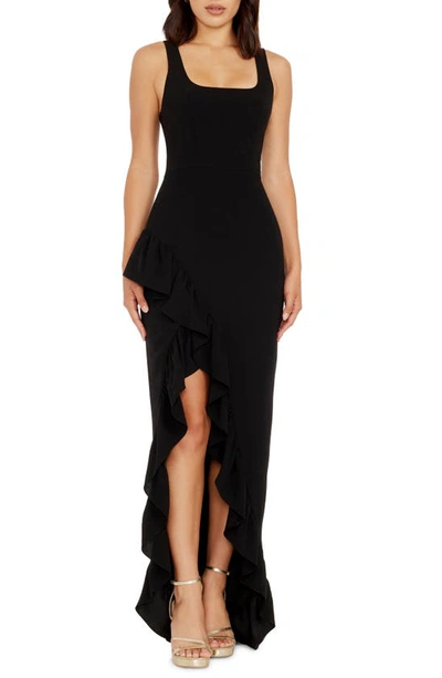 Dress The Population Charlene Square-neck Ruffle Side-slit Gown In Black