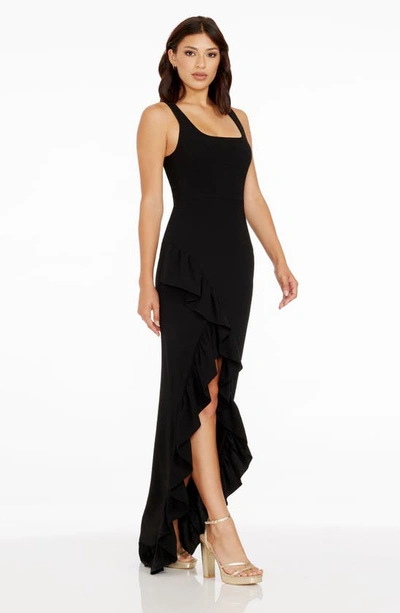 Dress The Population Charlene Square-neck Ruffle Side-slit Gown In Black