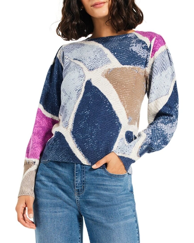 Shop Nic + Zoe Printed Tiles Femme Sleeve Sweater In Blue