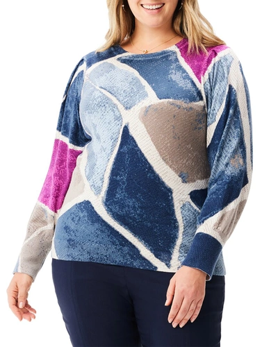 Shop Nic + Zoe Plus Printed Tiles Femme Sleeve Sweater In Blue