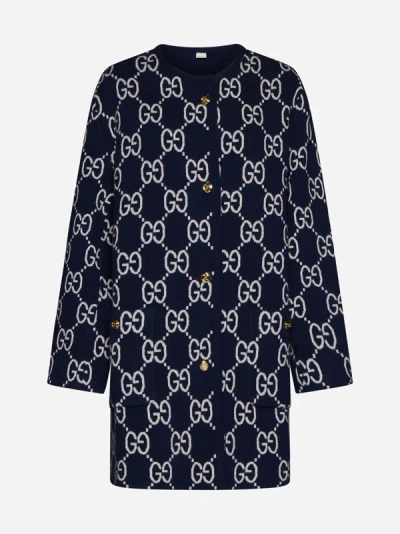 Shop Gucci Gg Wool-blend Reversible Cardigan In Blue Navy,ivory