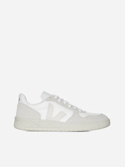 Shop Veja V-10 Mesh And Suede Sneakers In White,natural