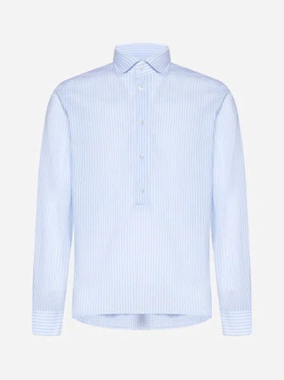 Shop D4.0 Striped Seersucker Cotton Polo Shirt In Sky Blue,white