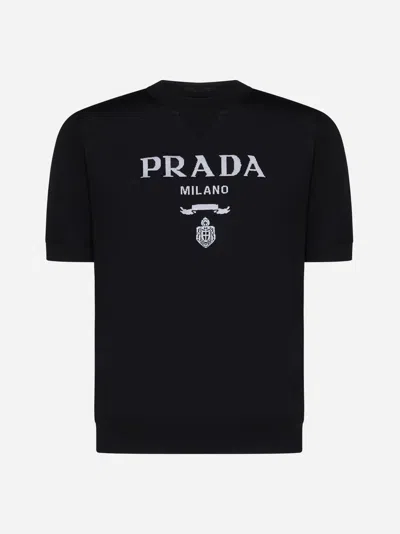 Shop Prada Logo Cotton T-shirt In Black